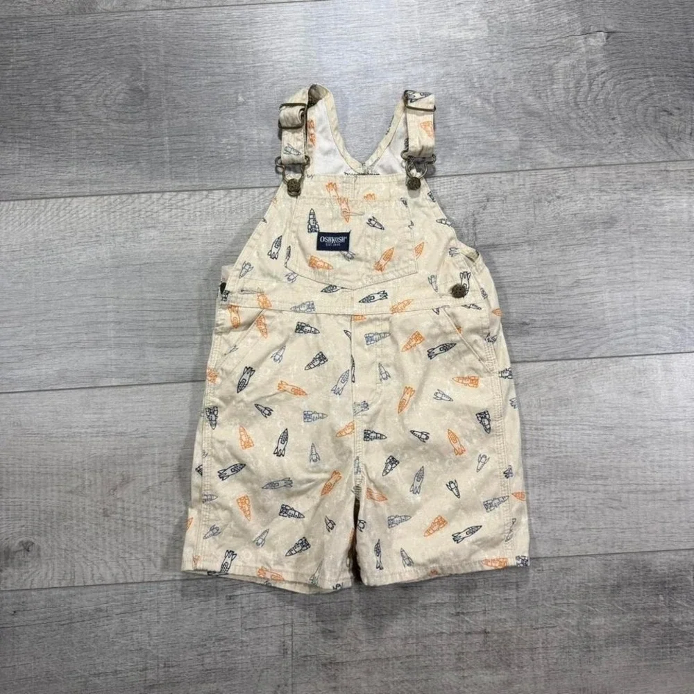 Vintage 2000s rare Oshkosh b'gosh tan cream spaceship all over print‎ overalls